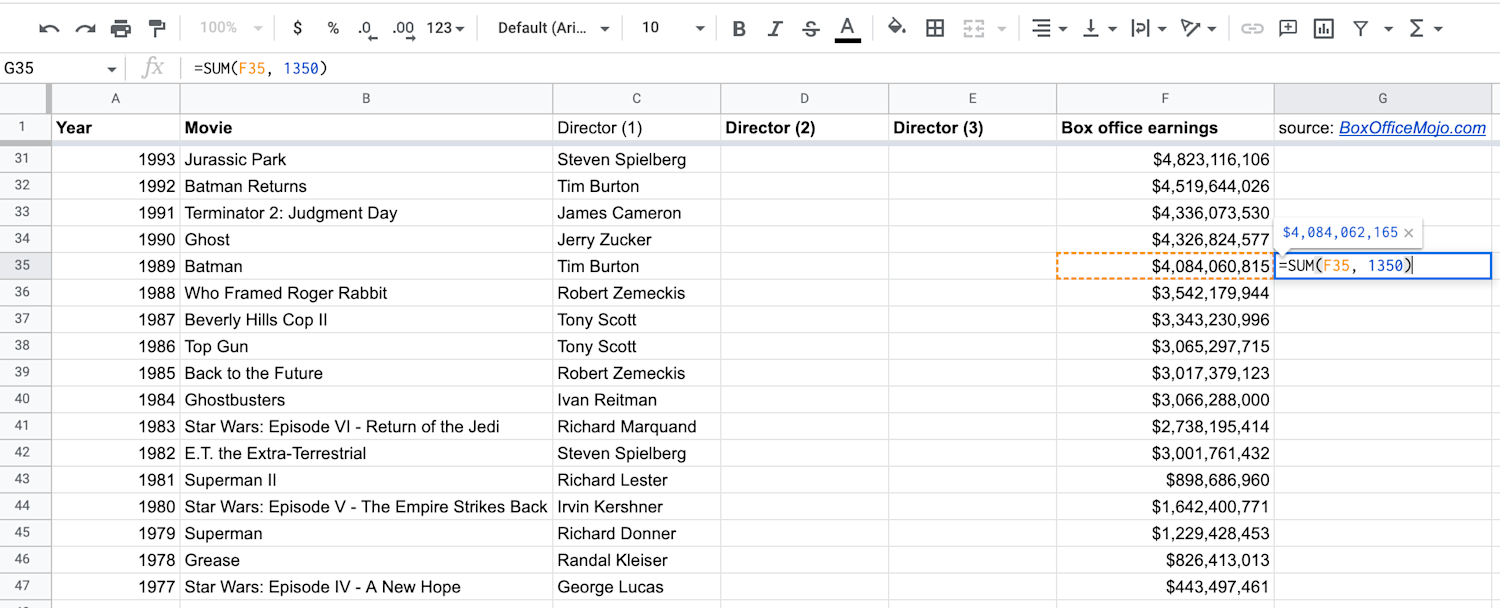 Alt text: Screenshot of a cell in Google Sheets displaying the function =SUM(F35,1350).