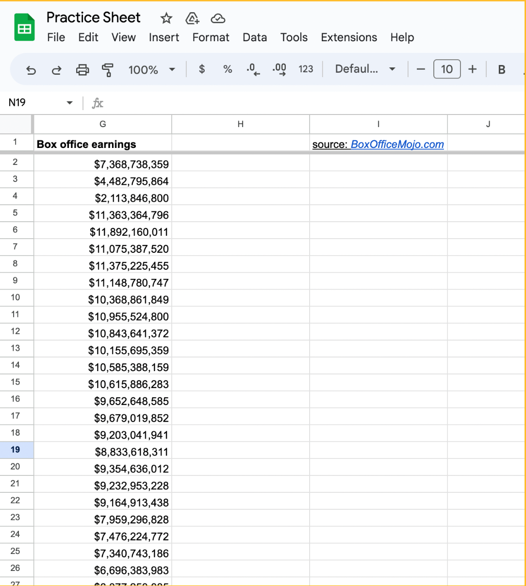 Google Sheet opened with data