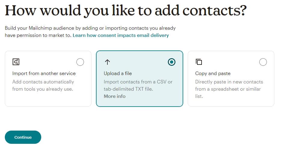  Mailchimp menu to choose how to add contacts