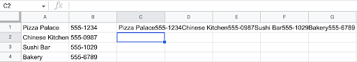 Alt text: Screencap displaying the results of an example formula concatenating two columns in Google Sheets