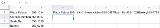 Alt text: Screencap displaying the results of an example formula concatenating two columns in Google Sheets