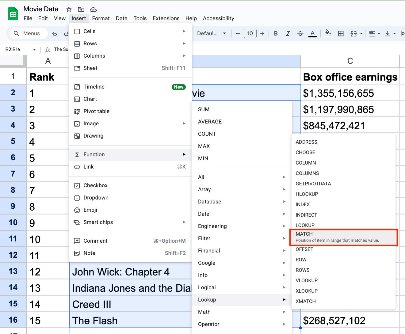 Screenshot of the location of the MATCH function in the Google Sheets toolbar menu.