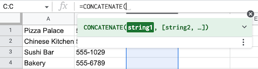 Alt text: screencap displaying the concatenate function typed into the fx bar in Google Sheets