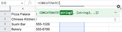 Alt text: screencap displaying the concatenate function typed into the fx bar in Google Sheets