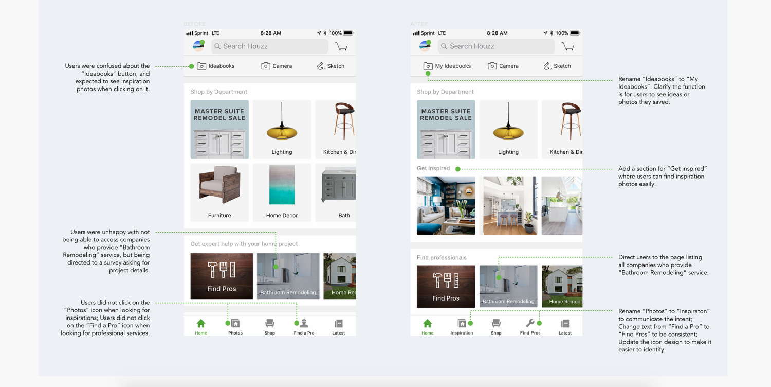 High-fidelity prototypes from an unsolicited redesign of Houzz