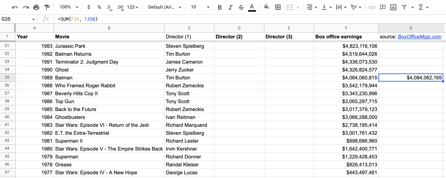 Alt text: Screenshot of a cell in Google Sheets displaying the sum of specific values.