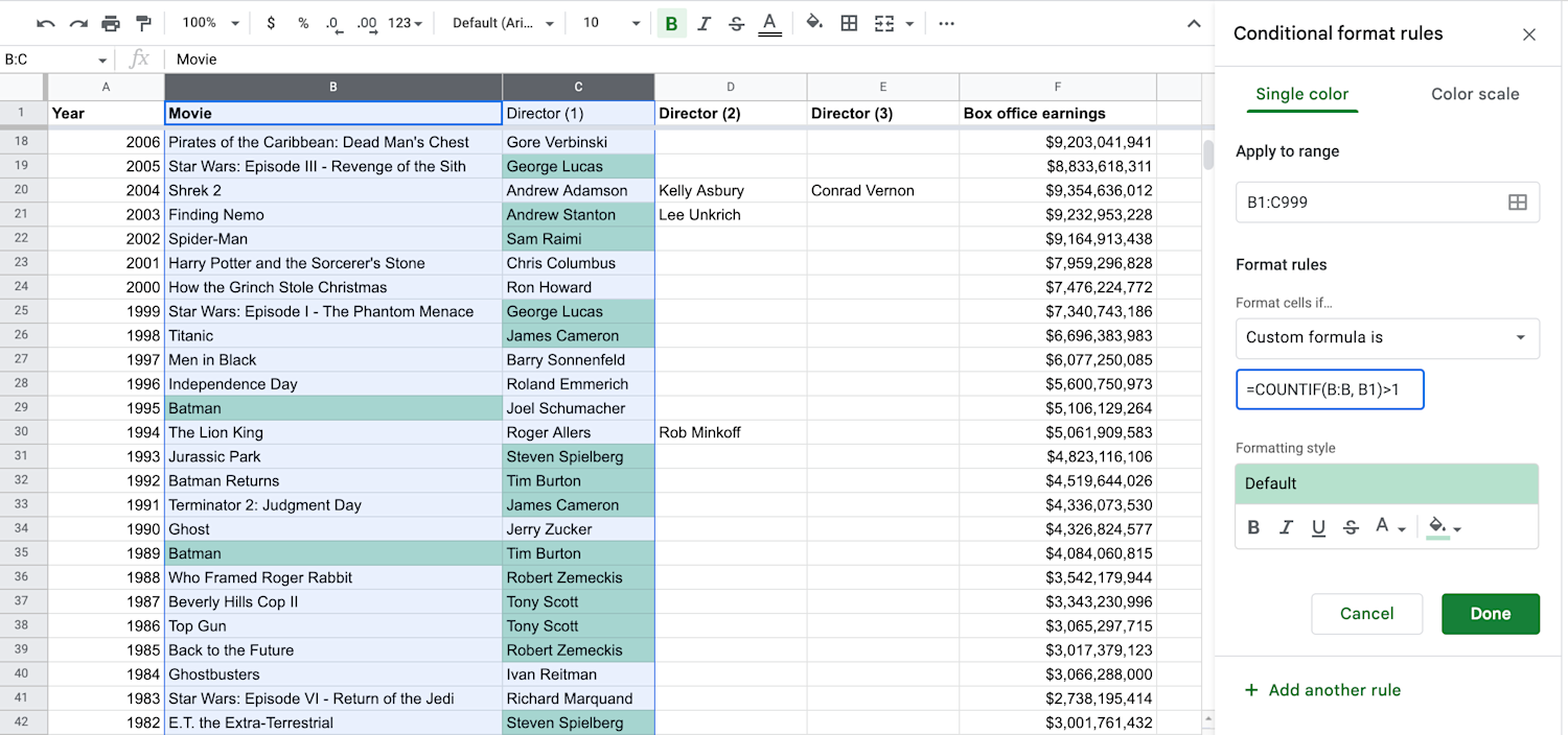 Alt text: Google Sheet with multiple columns selected and Conditional format rules box opened.