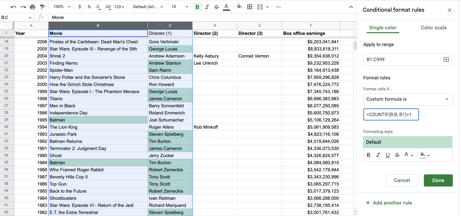 Alt text: Google Sheet with multiple columns selected and Conditional format rules box opened.