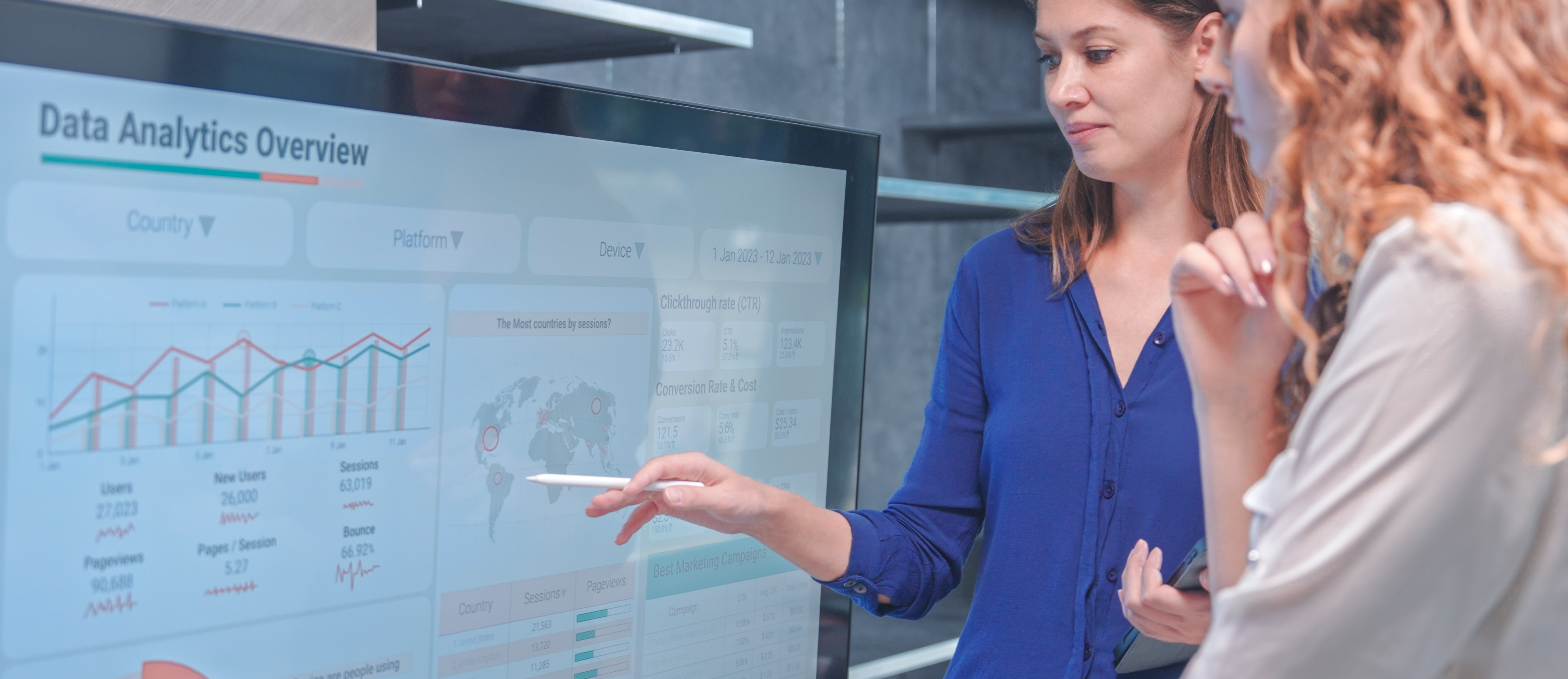 [Featured Image] Two data analysts share how to improve data analysis skills as they view a whiteboard with graphs and charts.
