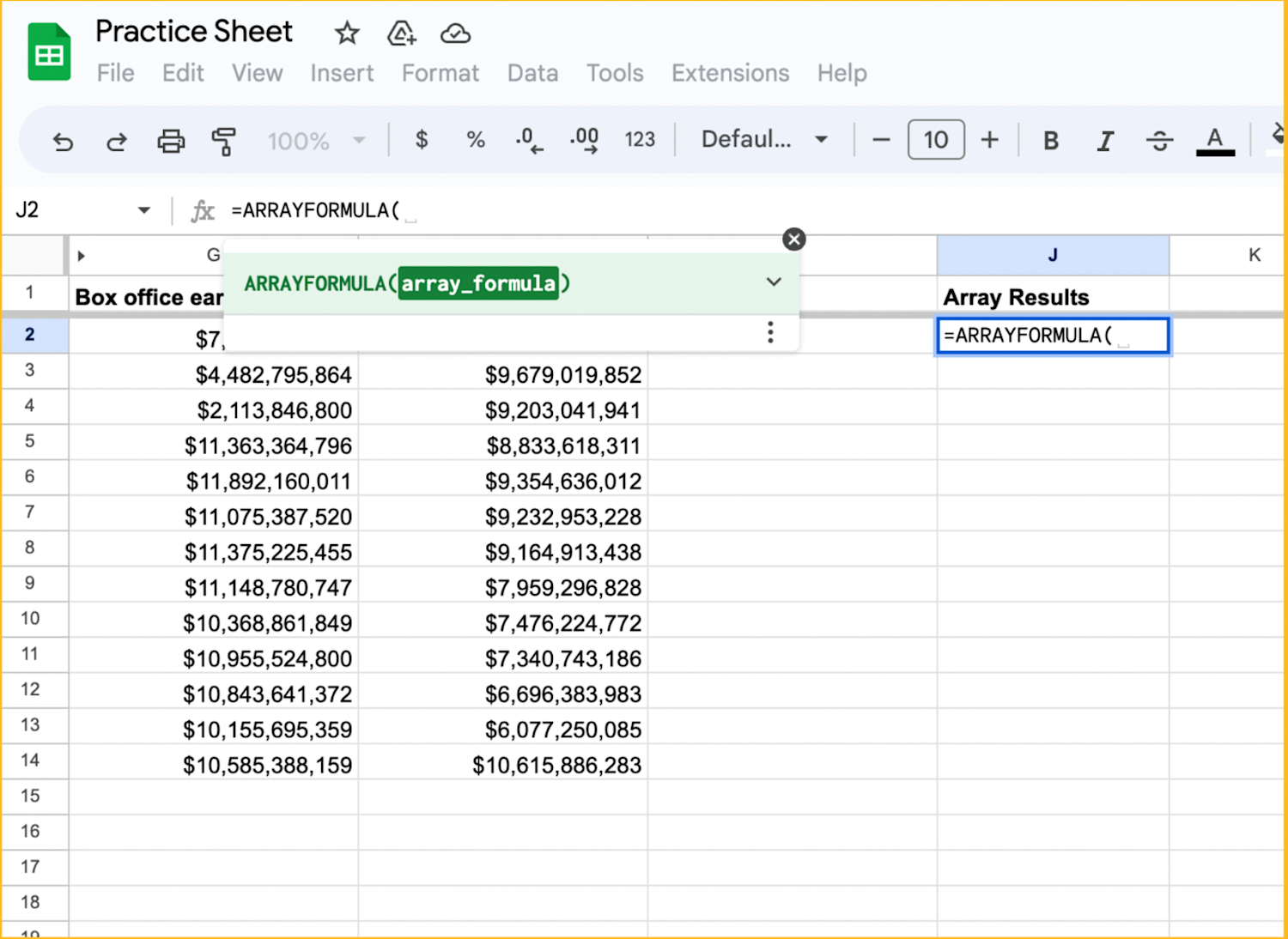 Google Sheets opened with the 'ARRAYFORMULA' function being created