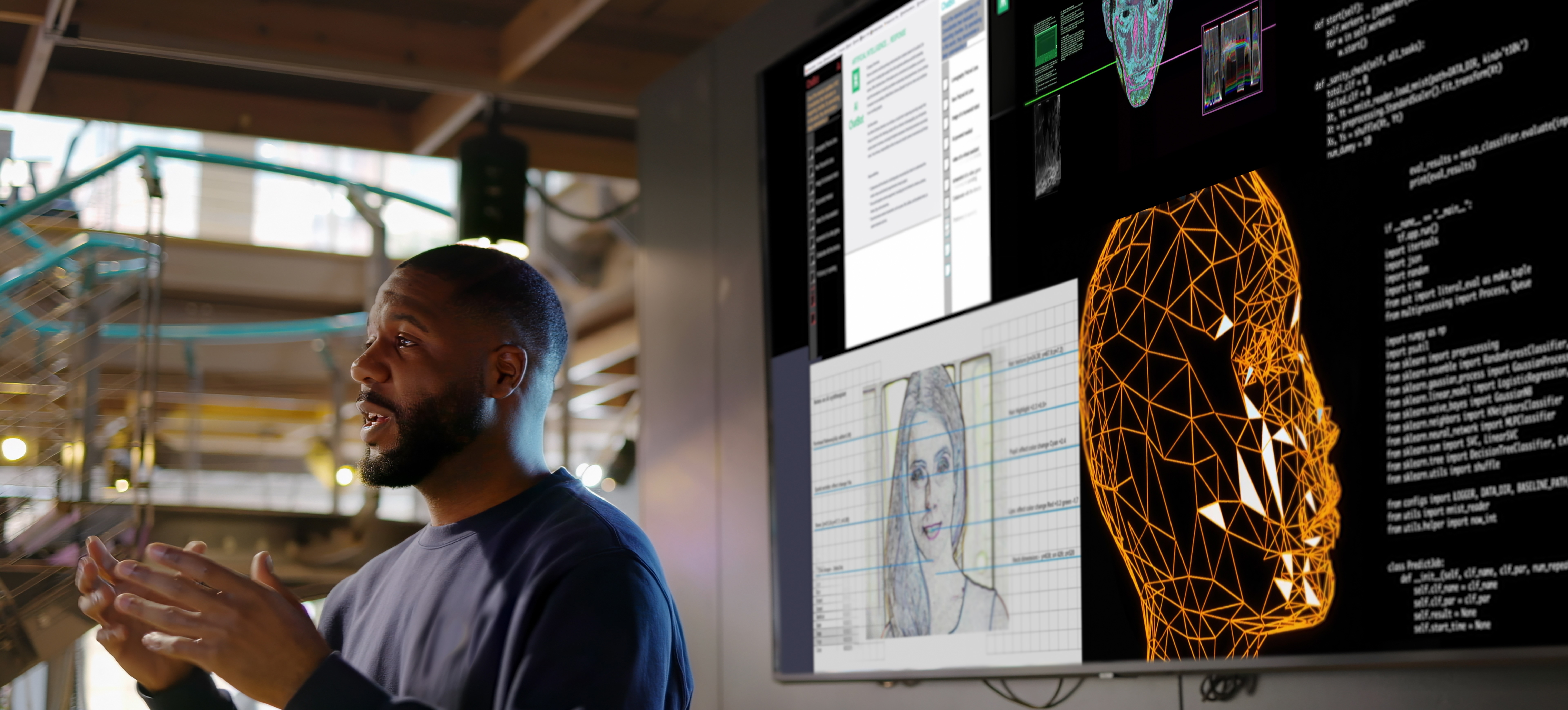 [Featured Image] A business professional is demonstrating the possibilities of new security using generative AI avatars.
