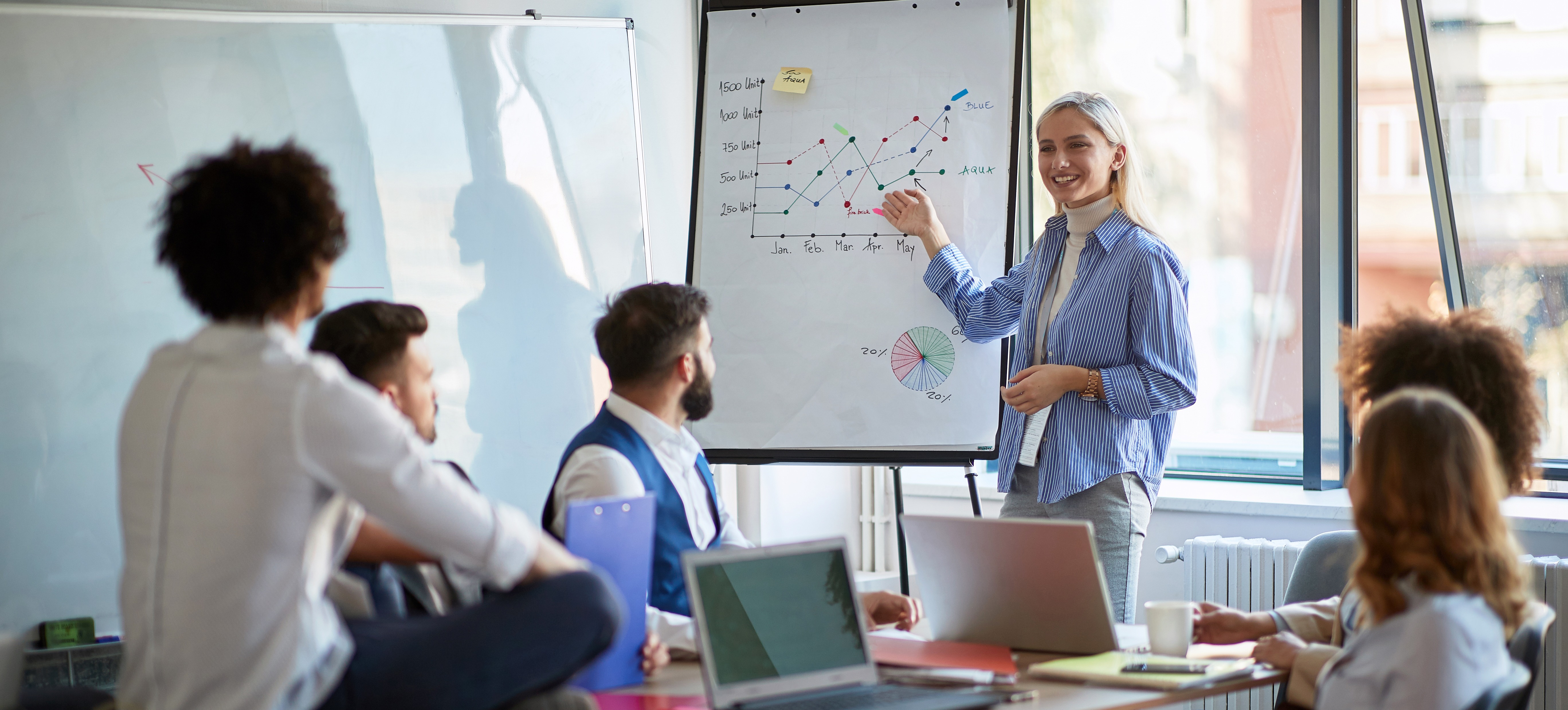 [Featured image] A marketer in a blue shirt shows a marketing plan on a whiteboard to a group.