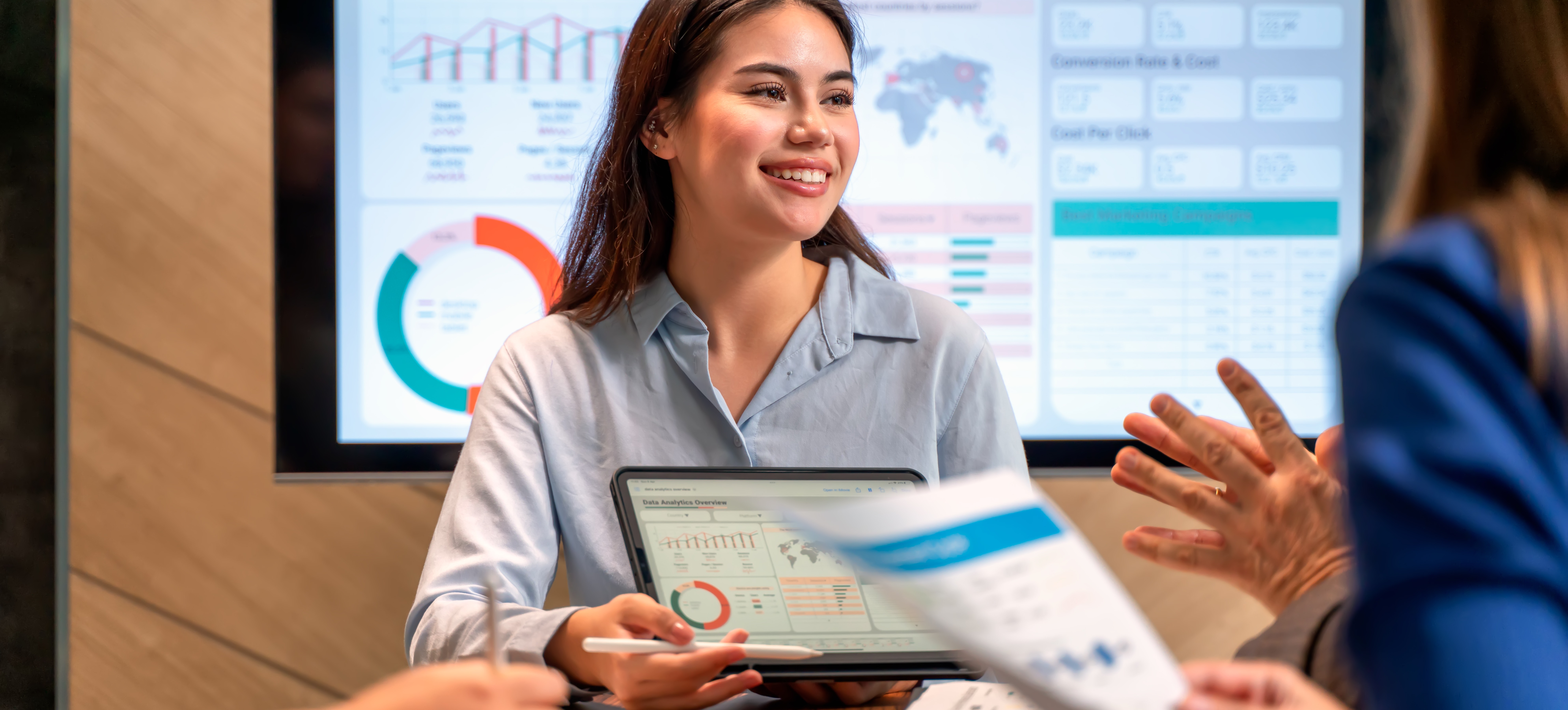 [Featured Image] Learners getting a master’s in data analytics meet to study together as they review course materials.