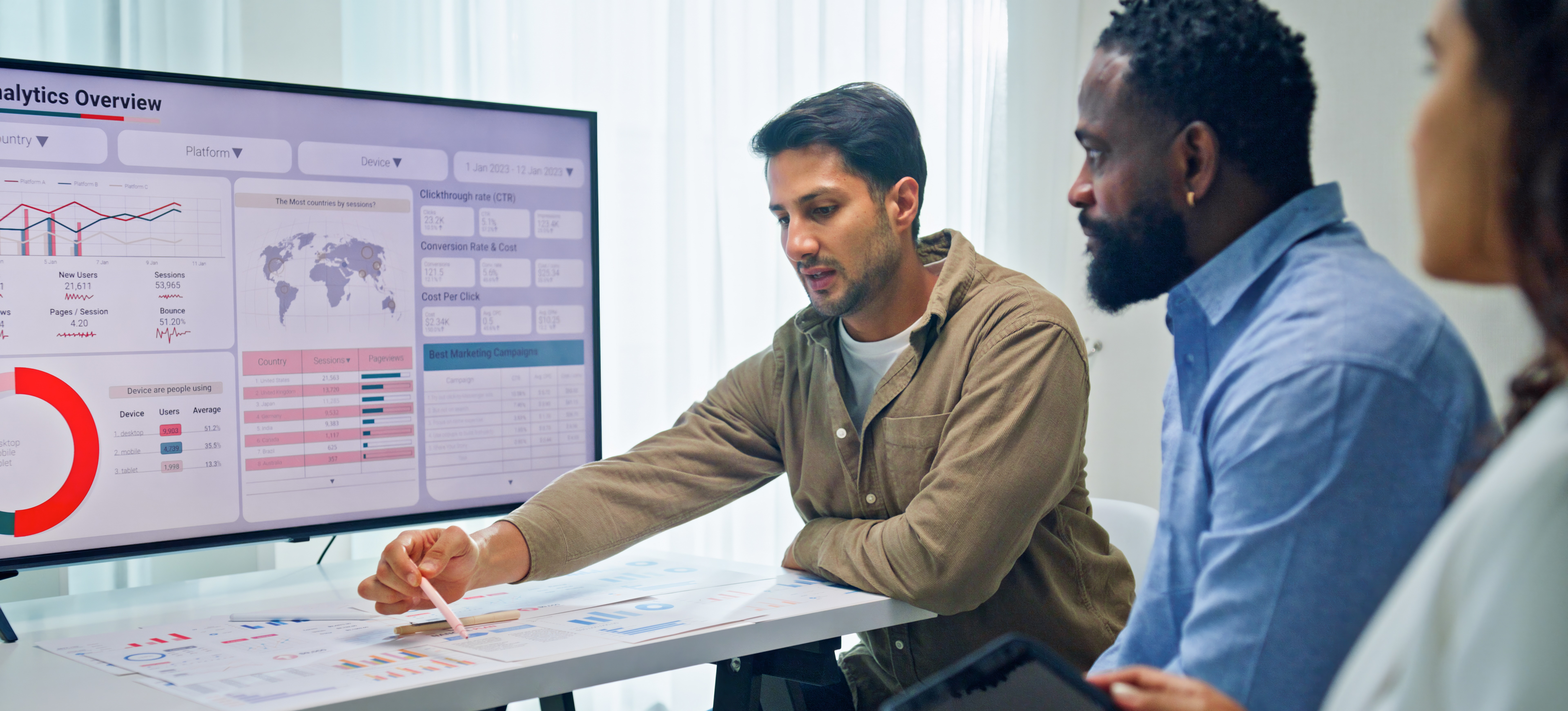 [Featured Image] Business professionals in a meeting discussing data governance, including how to collect, secure, and ensure the quality of data, with a graph displayed on a TV.
