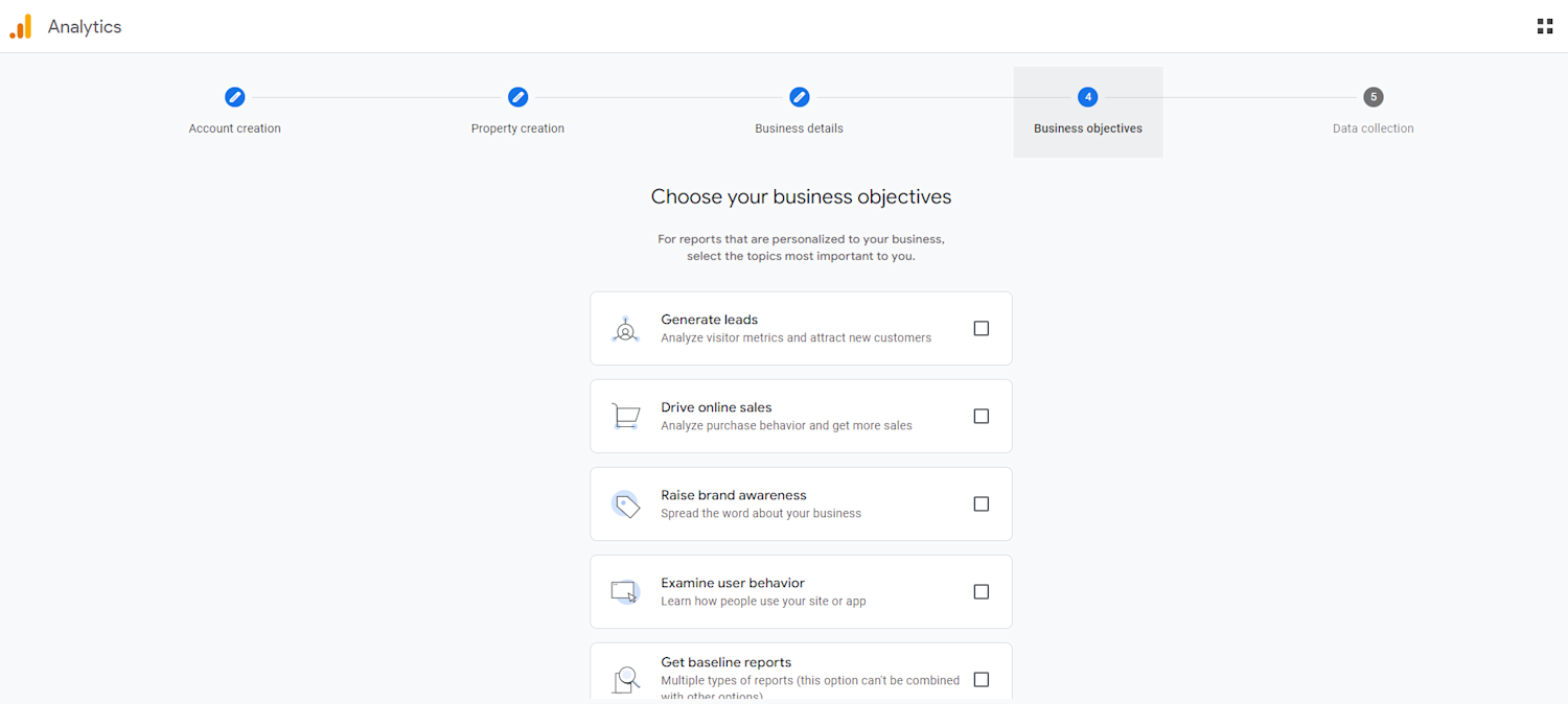 Alt text: Screenshot of the Google Analytics Choose your business objectives page