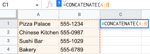 Alt text: Screencap displaying the fx bar in Google sheets with an example formula concatenating two columns