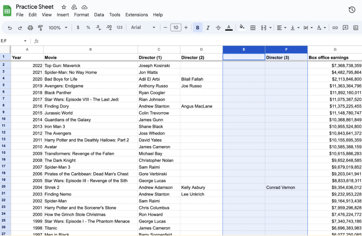 Google Sheet Columns E and F selected