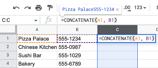 Alt text: Screencap displaying the concatenate function with an example formula typed into the fx bar in Google Sheets.