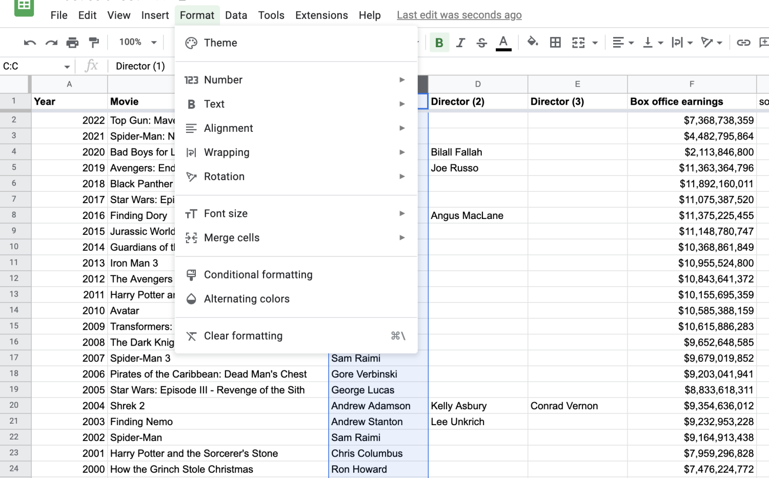 Alt text: Google Sheet with Column C selected and the Format menu opened from the toolbar displaying all formatting options.