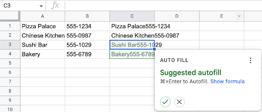 Alt text: Screencap displaying the suggested autofill formula message in Google Sheets