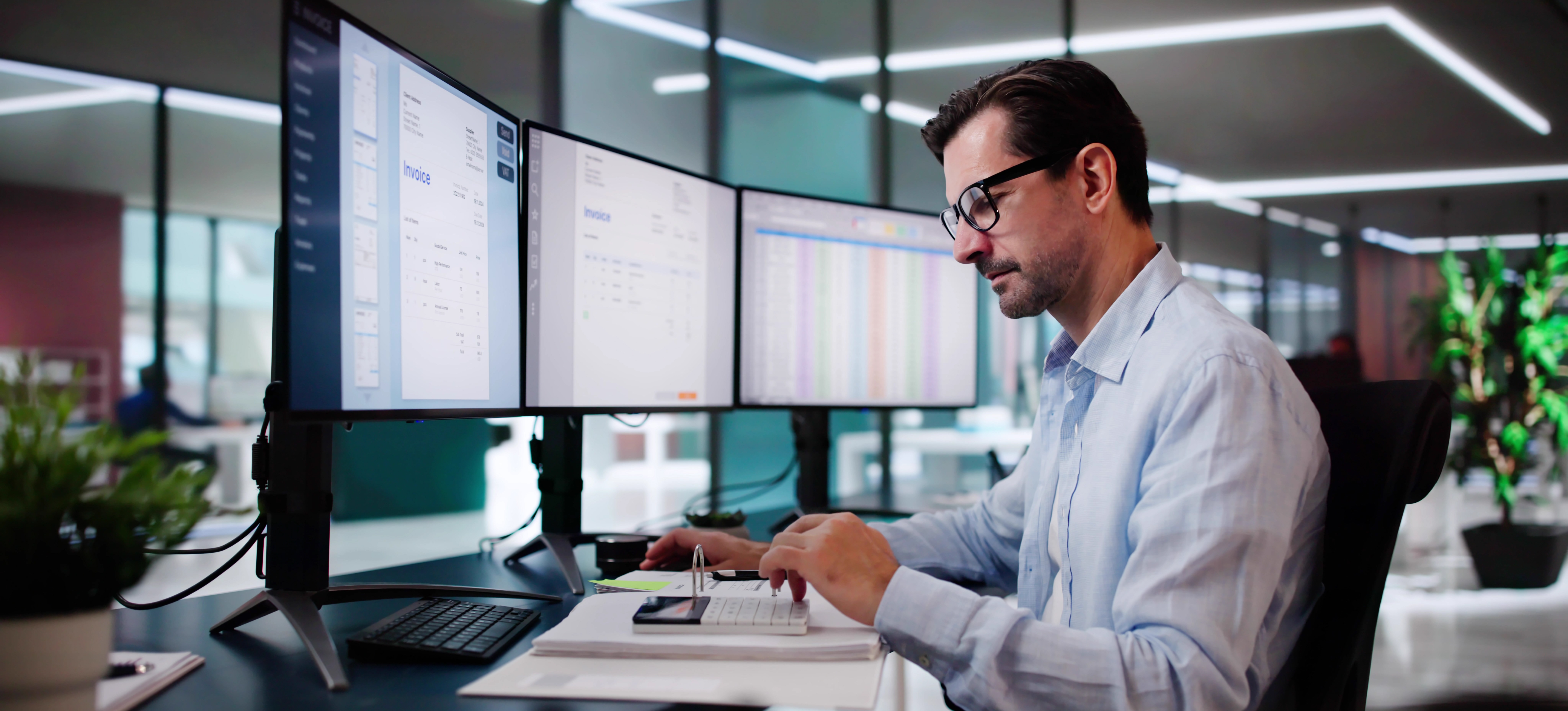 [Featured Image]: An accountant working at a desk with three computer monitors demonstrates how to analyze a balance sheet.
