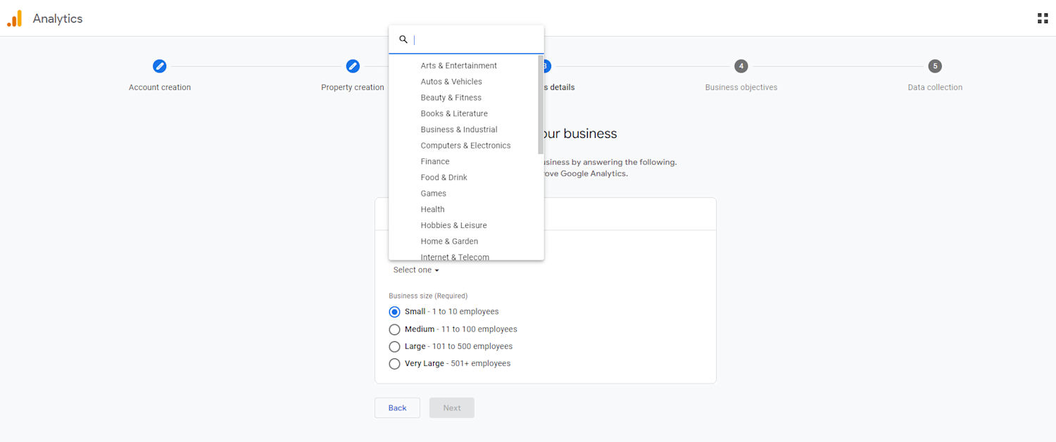 Alt text: Screenshot of Google Analytics Describe your business page