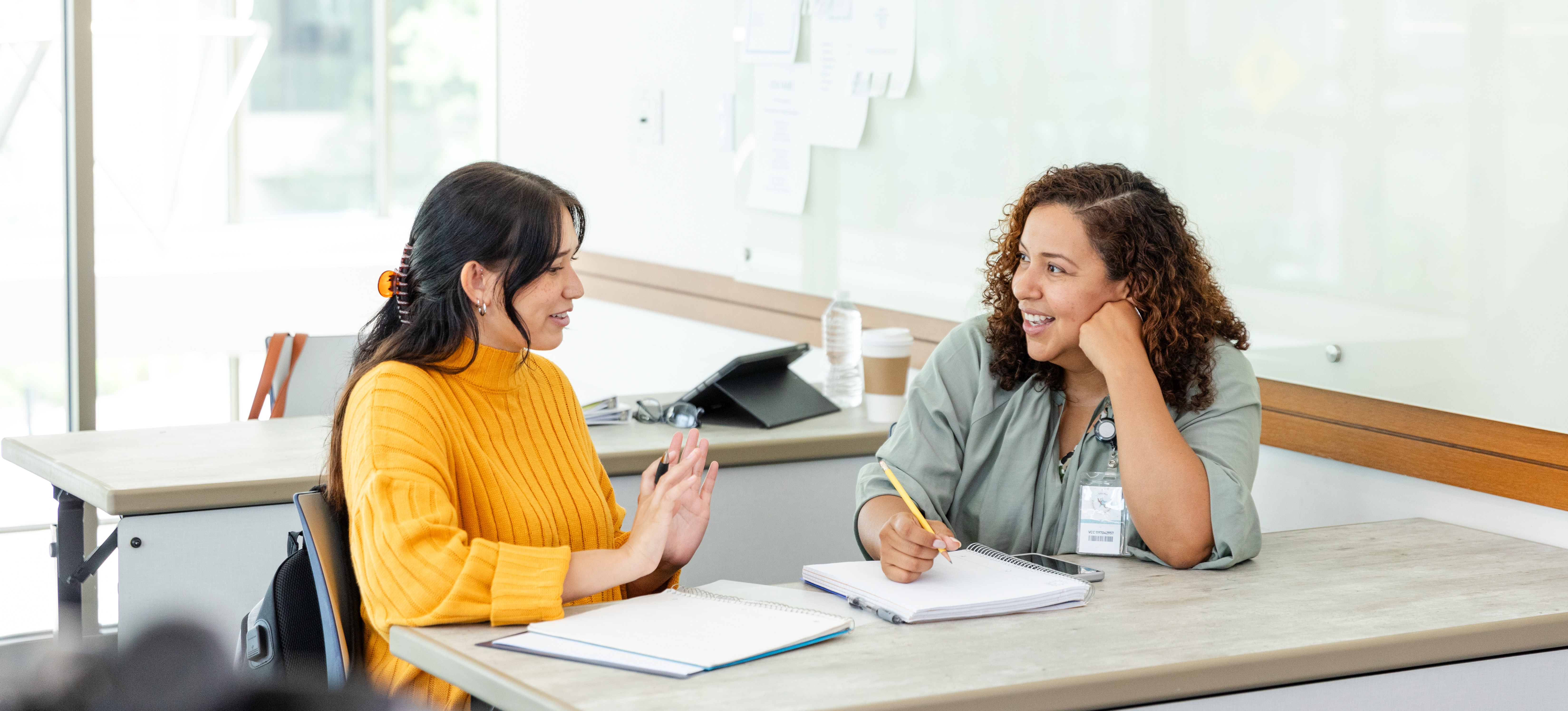 [Featured Image] A student meets with a professor in a classroom to ask how to learn information technology skills like data analytics and visualization. 
