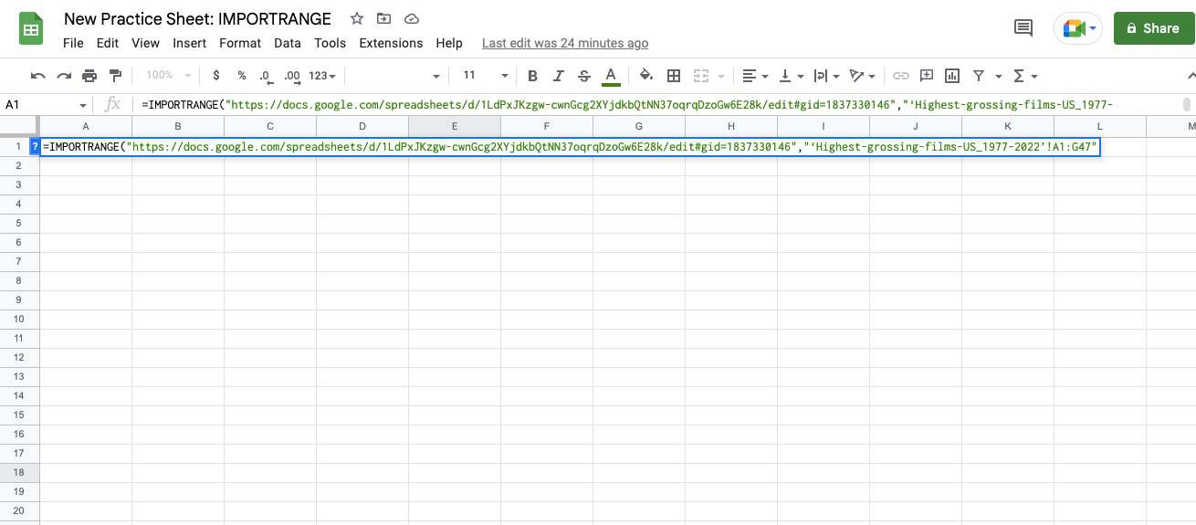 Alt text: IMPORTRANGE function range string displayed in Google Sheets.