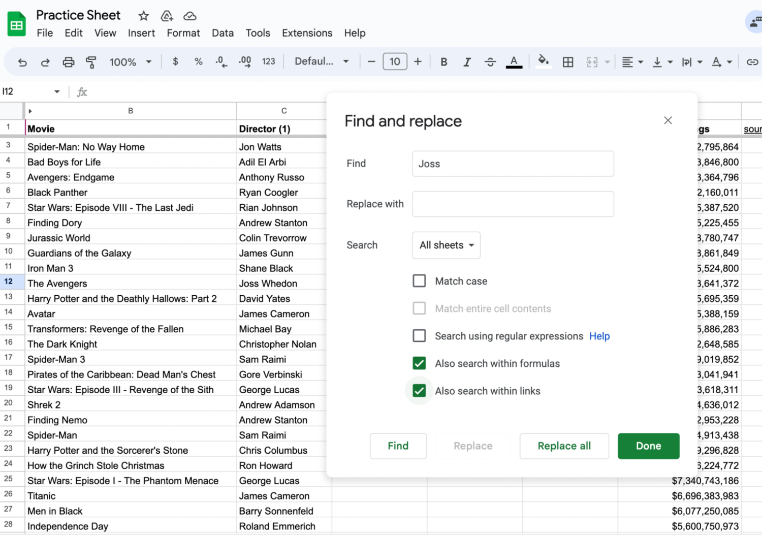 [Screenshot] Screenshot of the ‘Find and replace’ box in Google Sheets displayed with the ‘Also search within formulas’ and ‘Also search within links’ boxes checked