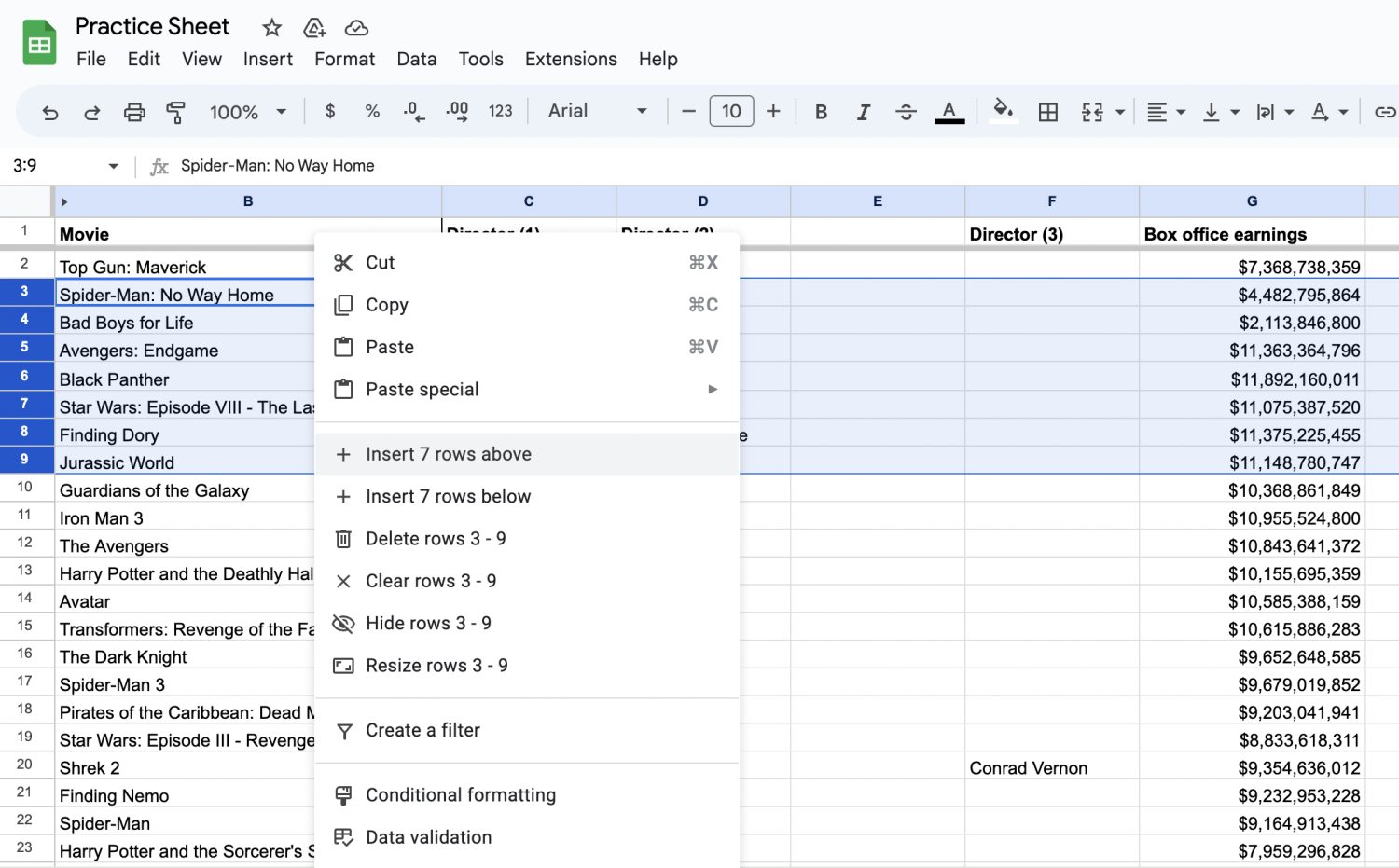 Google Sheets shown with seven rows highlighted and the menu opened with Insert 7 rows above highlighted