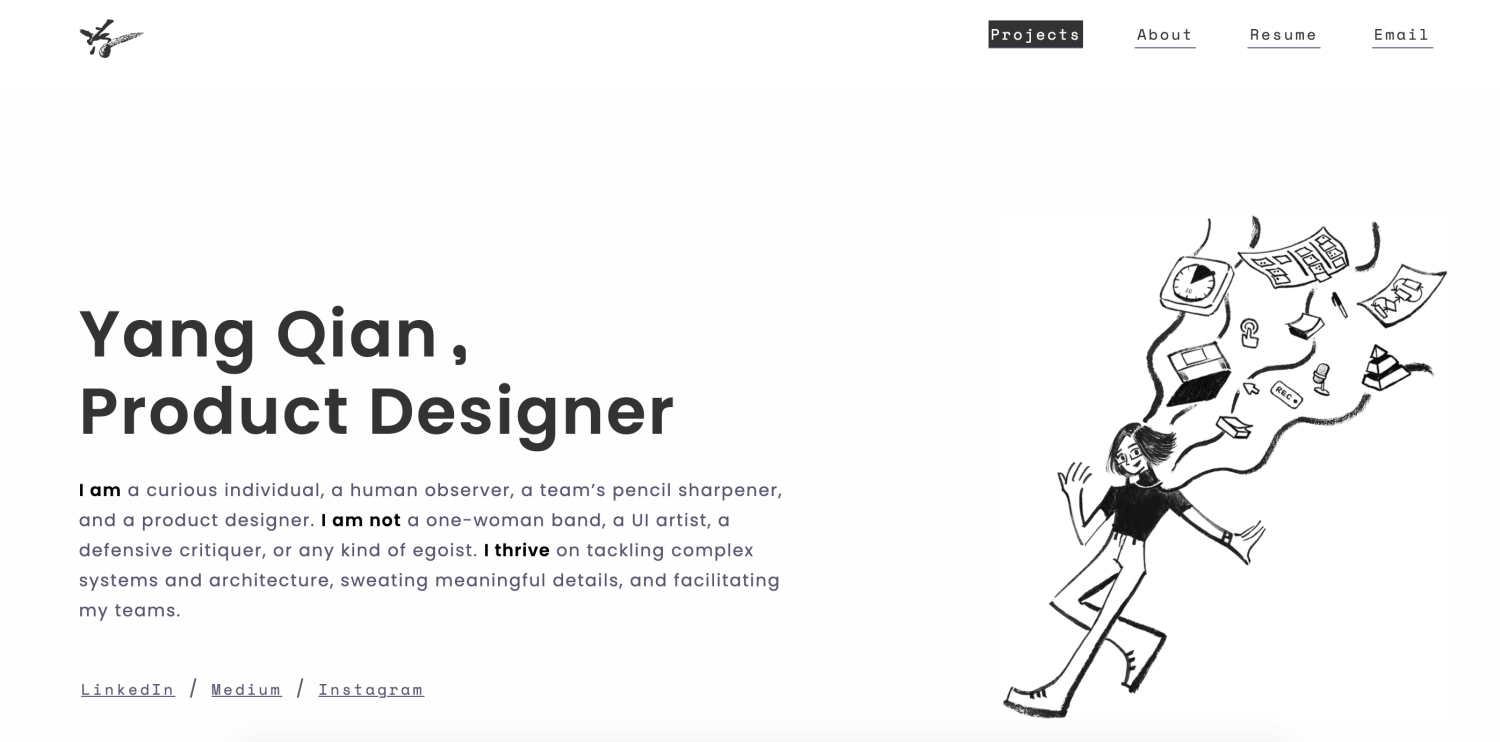 Screen shot of portfolio page for Yang Qian, a product designer at Palantir Technologies