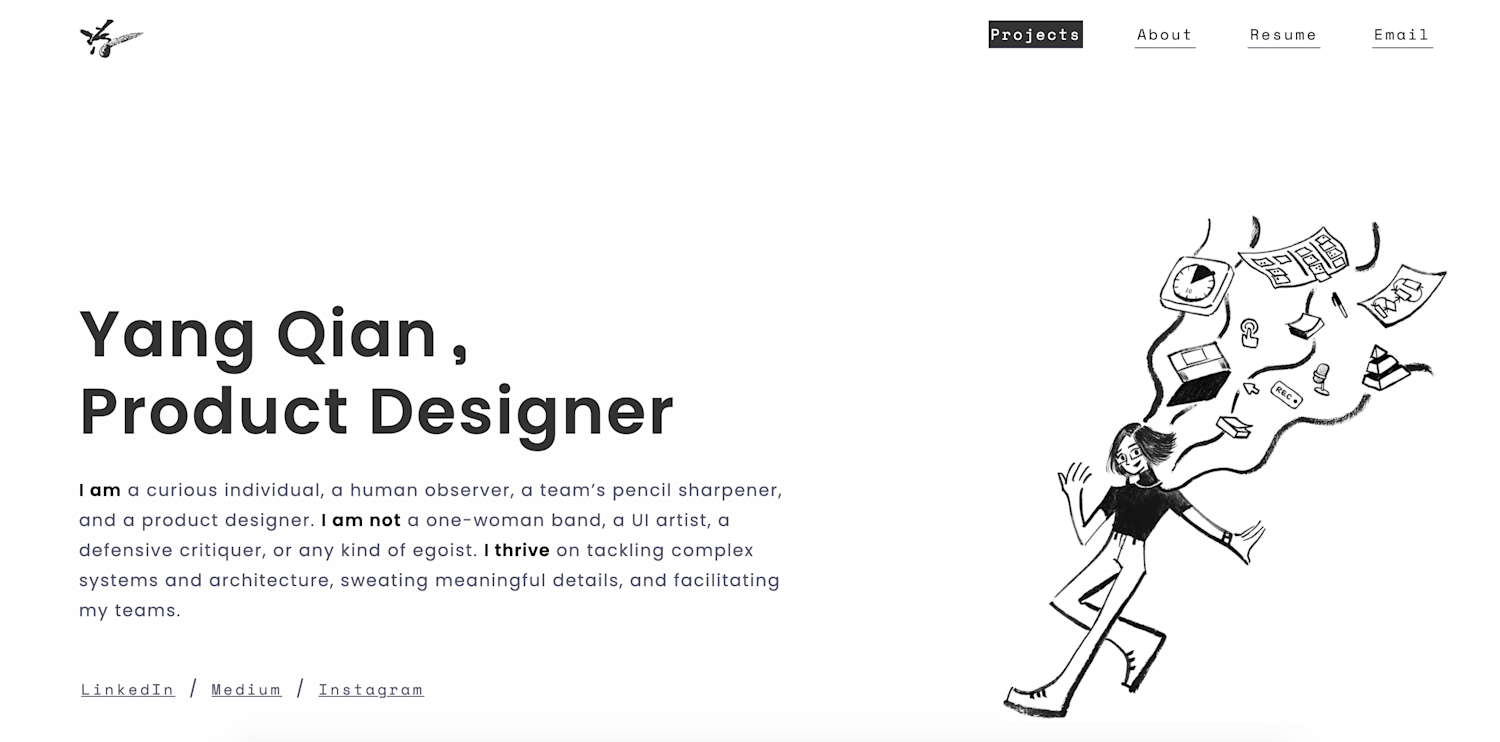 Screen shot of portfolio page for Yang Qian, a product designer at Palantir Technologies