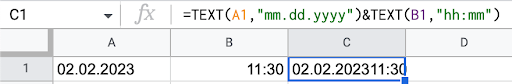 Alt text: Screencap displaying a correctly formatted date and time concatenation in the Google Sheets fx bar