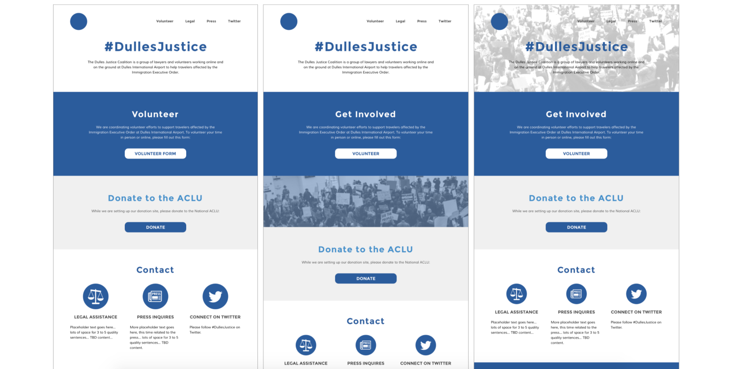 Homepage concepts for #DullesJustice project