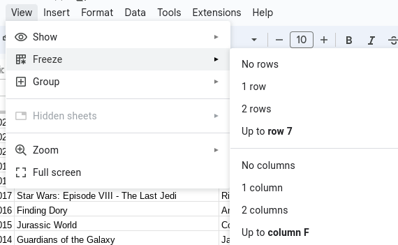 View > Freeze > Options for how many rows or columns to freeze