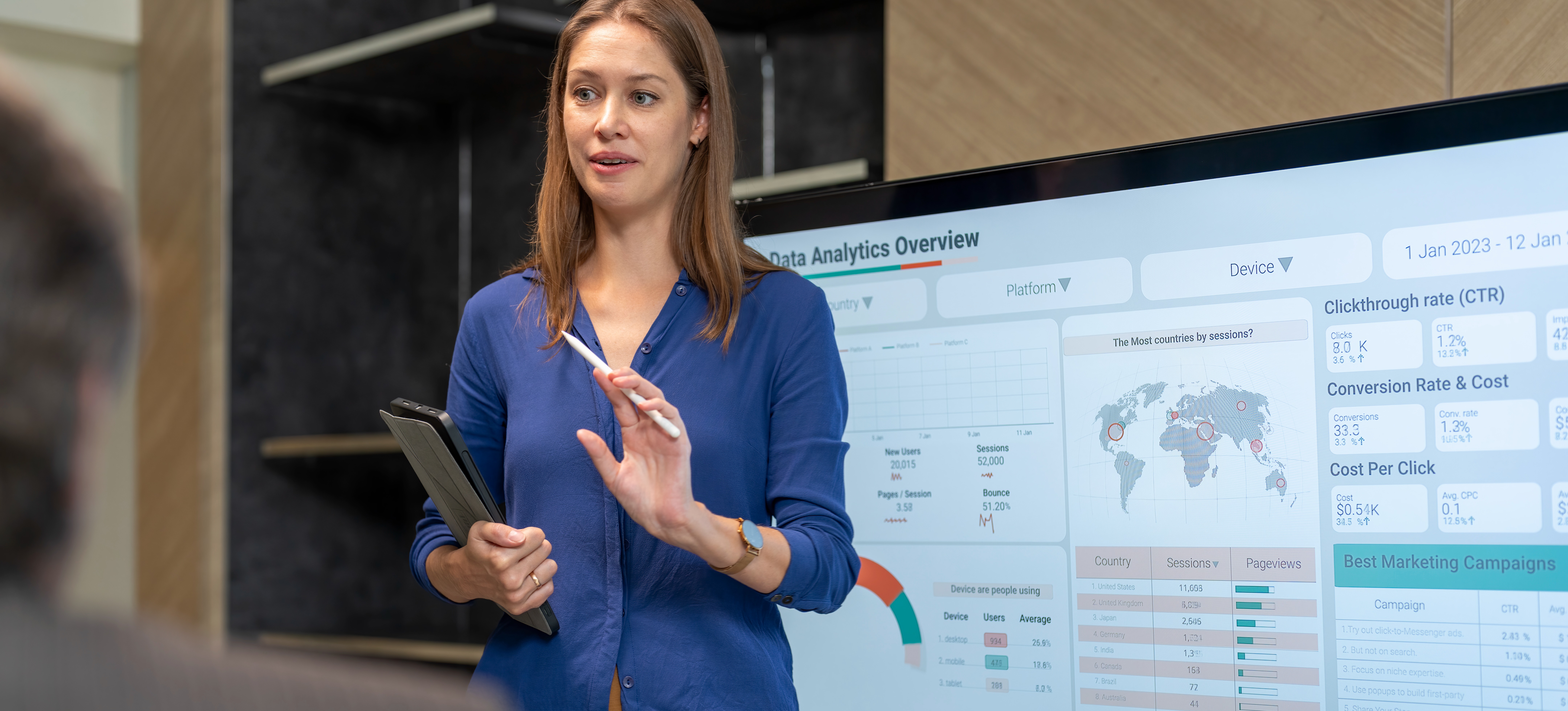 [Featured Image] A business manager stands in front of a screen in a conference room and conducts a meeting on why data privacy is important. 