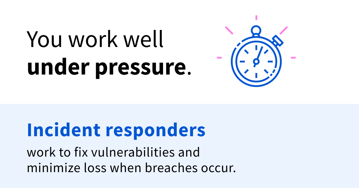Black and blue text on a blue and white background that says "You work well under pressure. Incident responders work to fix vulnerabilities and minimize loss when breaches occur."
