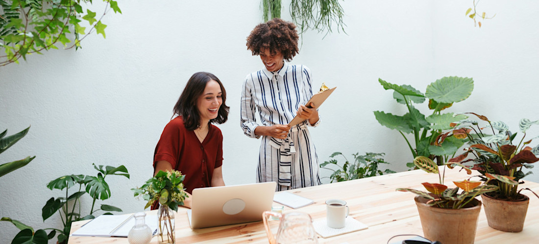 [Featured Image] Two people look at a laptop computer screen in a bright office decorated with potted plants.