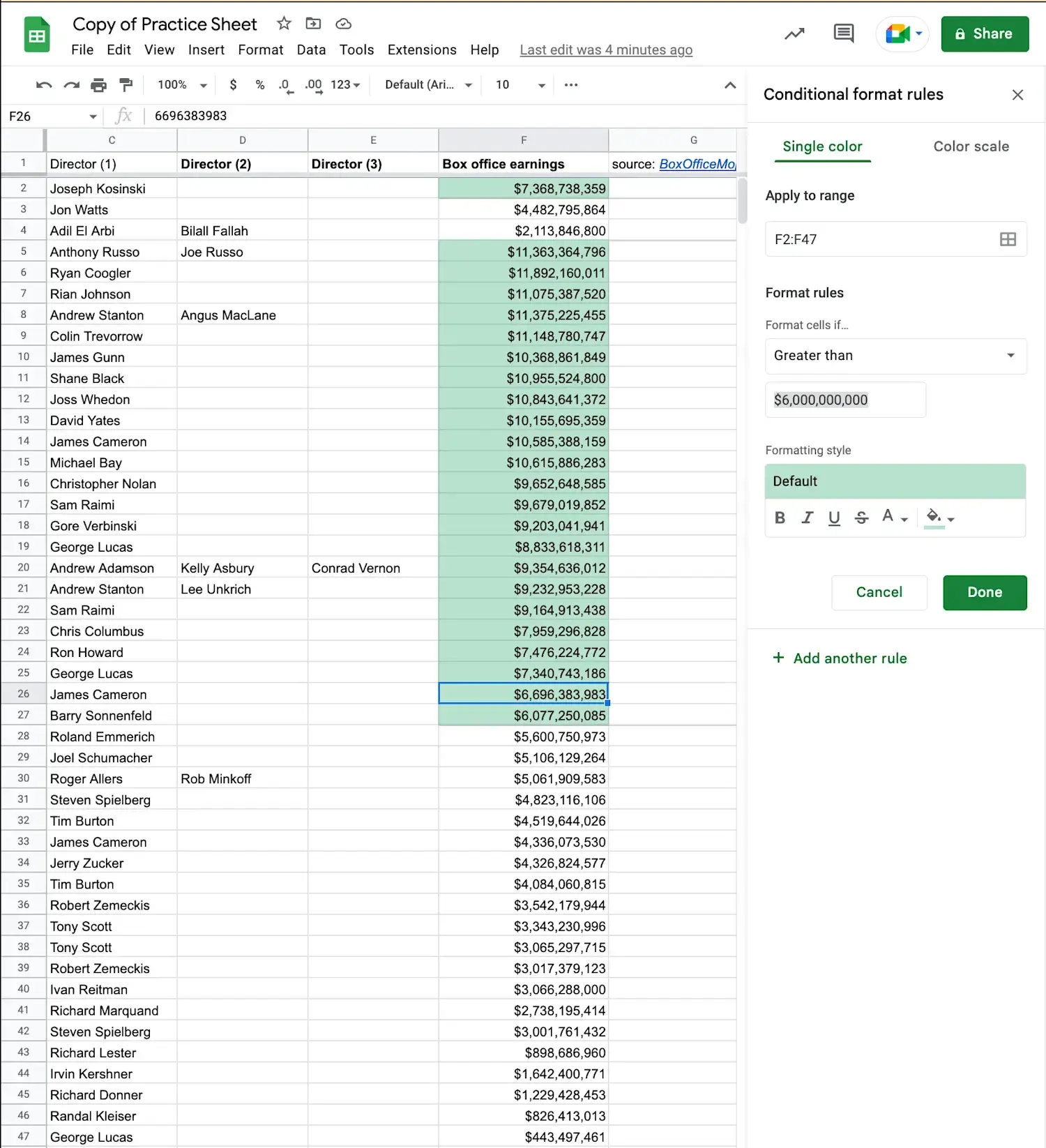 Alt text: Single color conditional formatting applied to a data range showcasing movie box office earnings in Google Sheets.