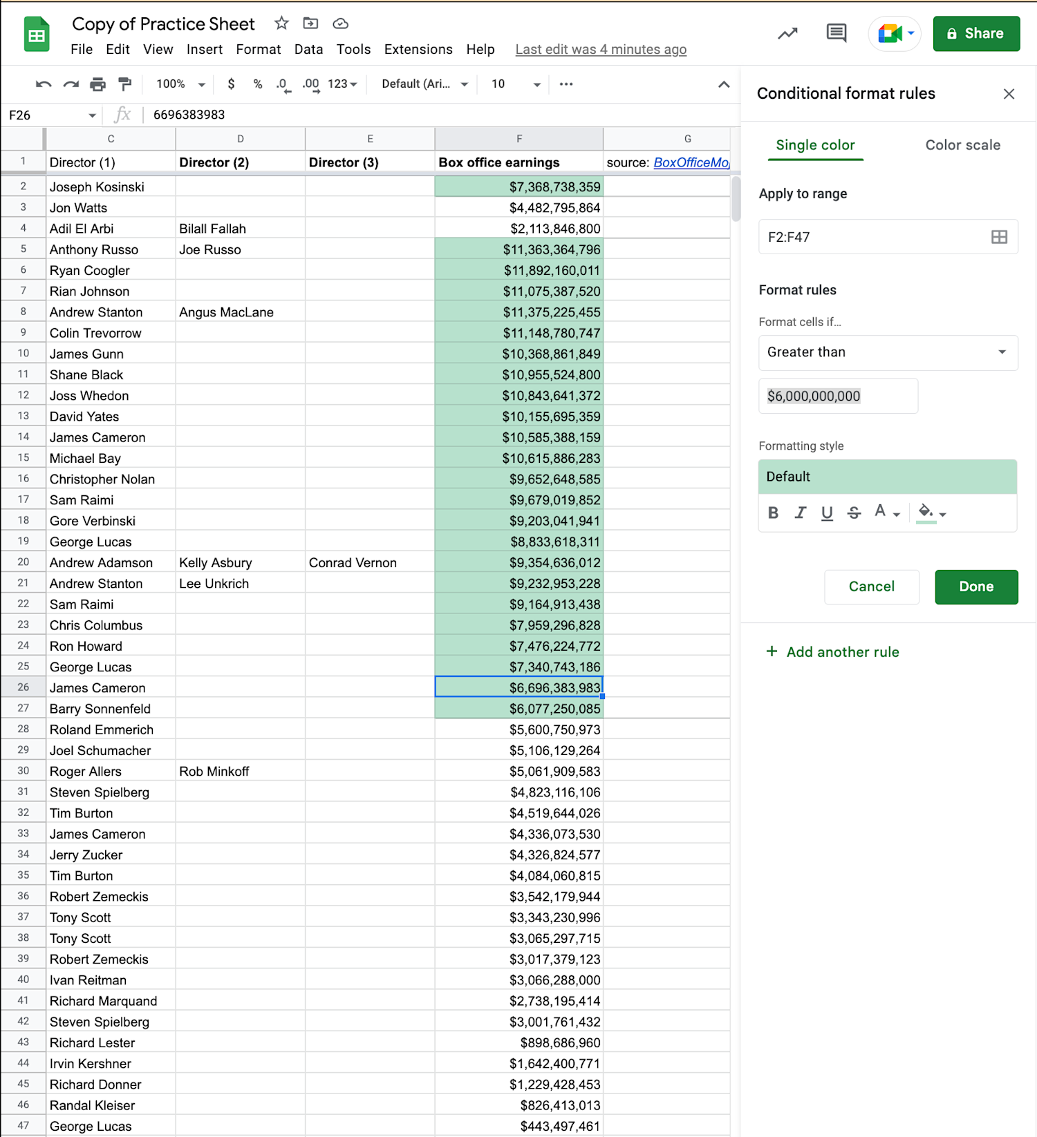 Alt text: Single color conditional formatting applied to a data range showcasing movie box office earnings in Google Sheets.