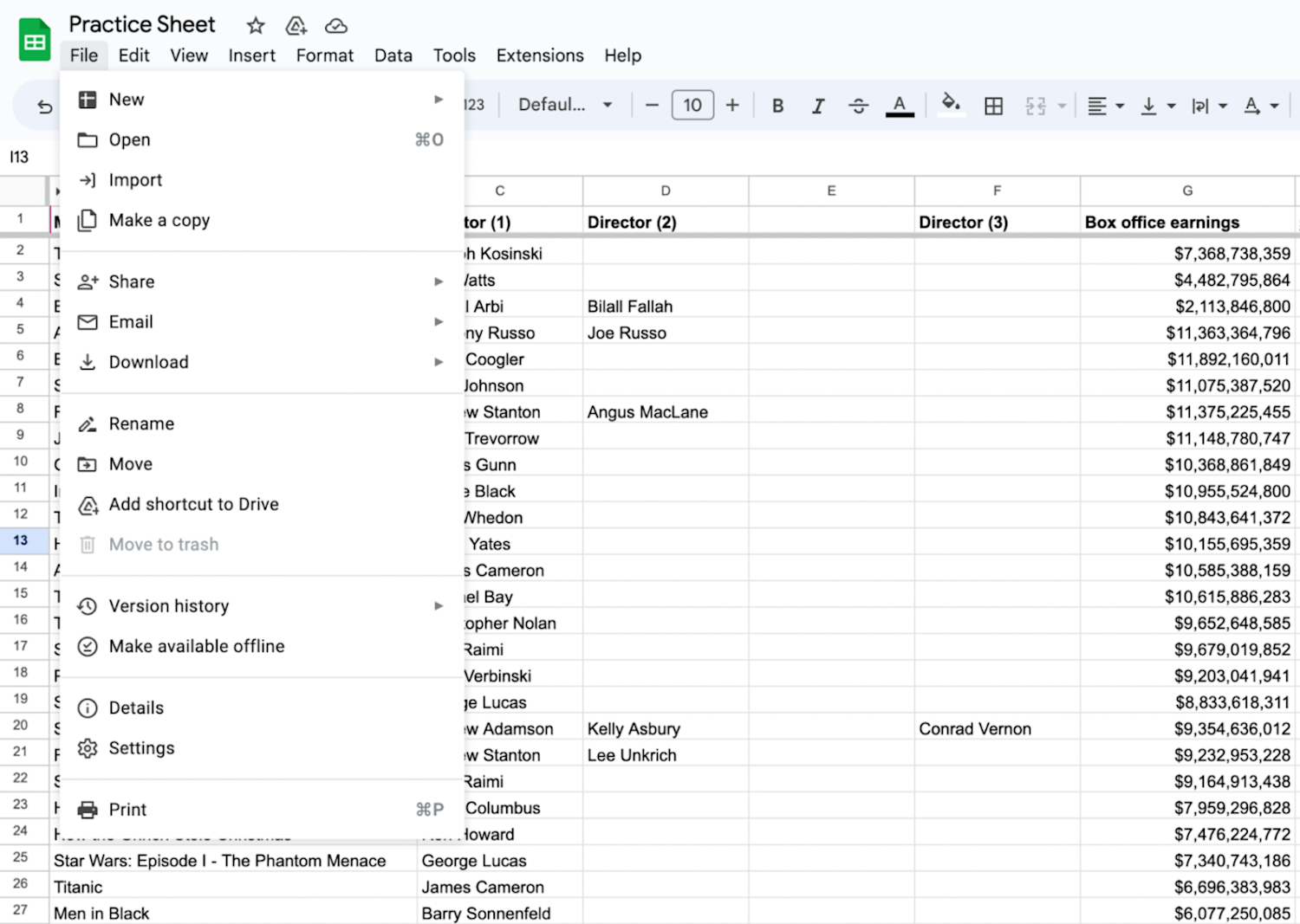 Google Sheet 'File' tab selected