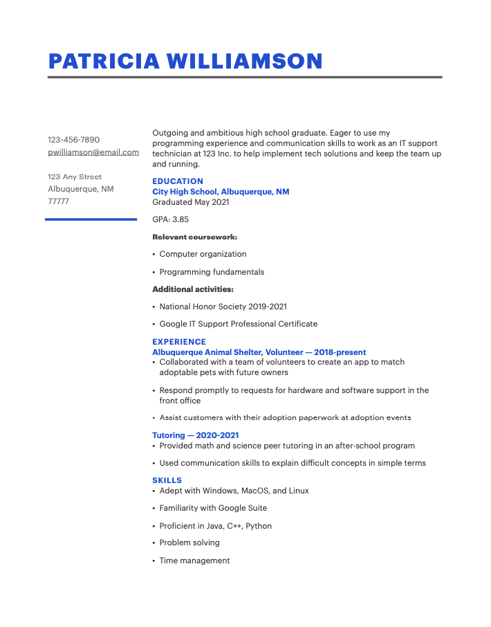 Sample student resume for a high school student applying for a first job.