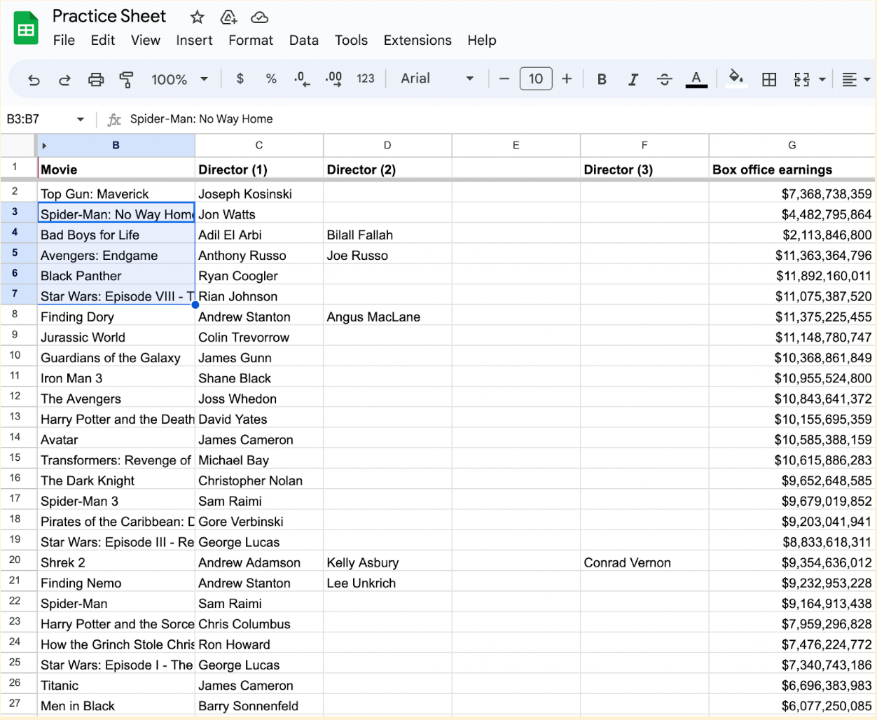 Google Sheet with several cells highlighted