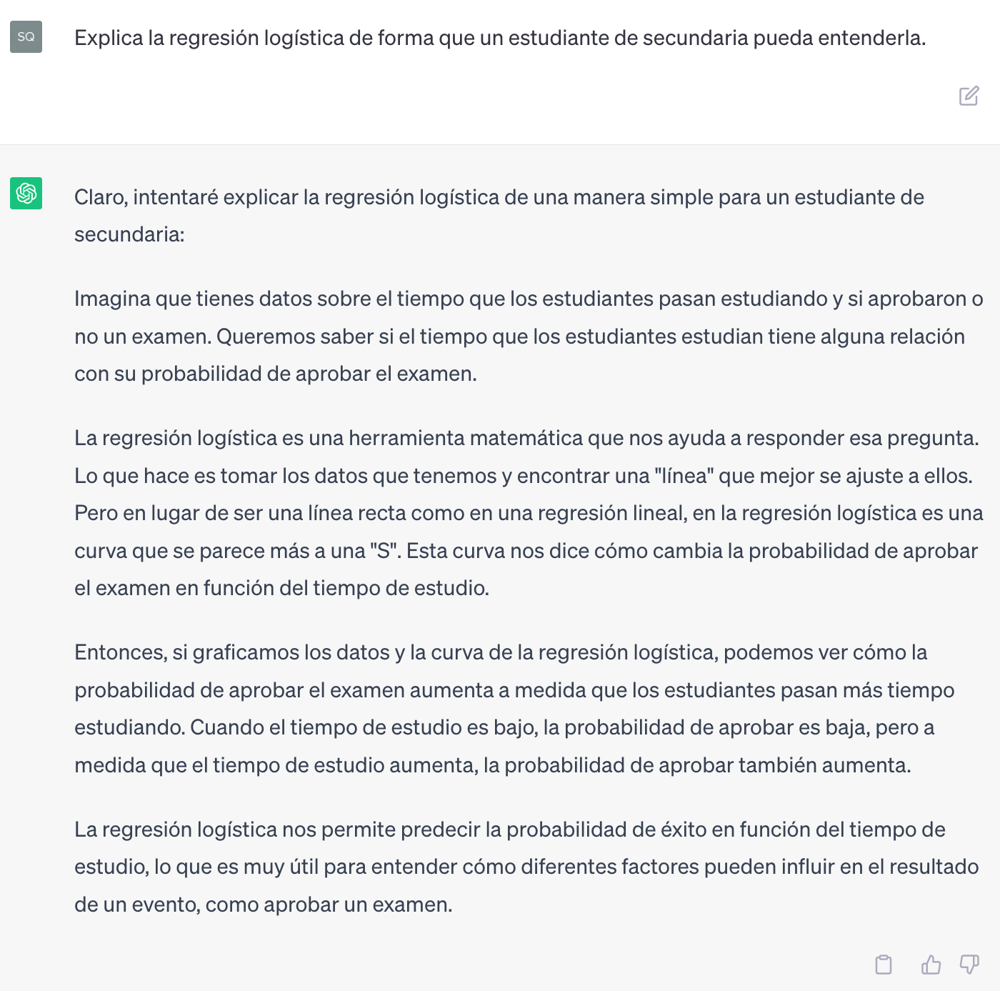 [Captura de pantalla] Respuesta de ChatGPT a la pregunta "Explica la regresión logística de forma que un estudiante de secundaria pueda entenderla".