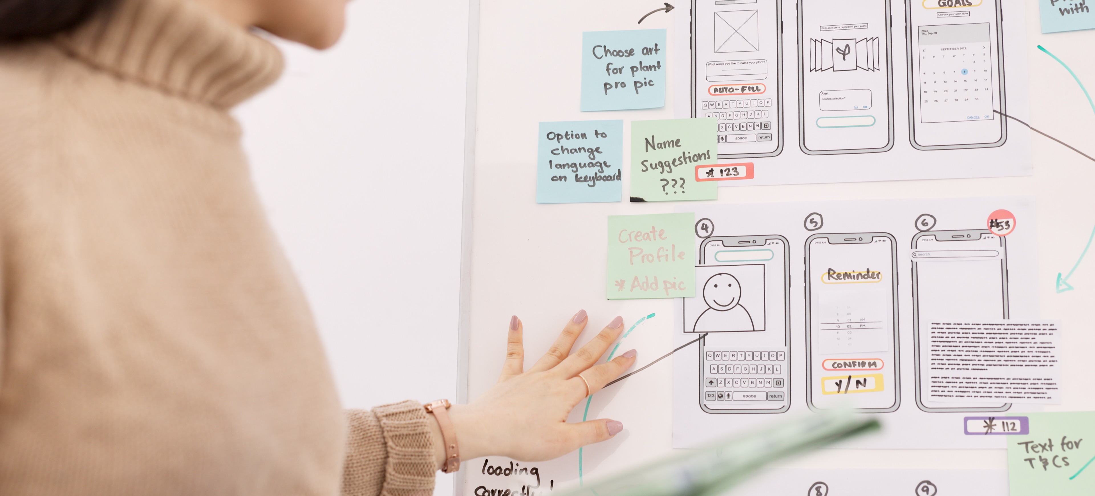 [Featured Image] A UX designer demonstrates how to create a visual storyboard by pointing to elements of the storyboard displayed on a whiteboard while holding a tablet.
