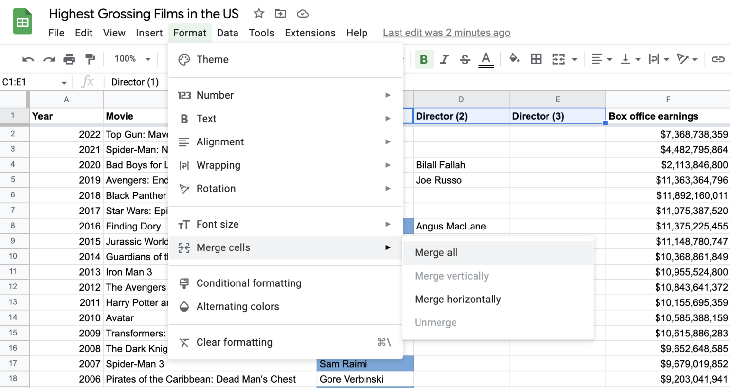 Alt text: Merge cells selected in Format drop-down menu displayed in Google Sheets.