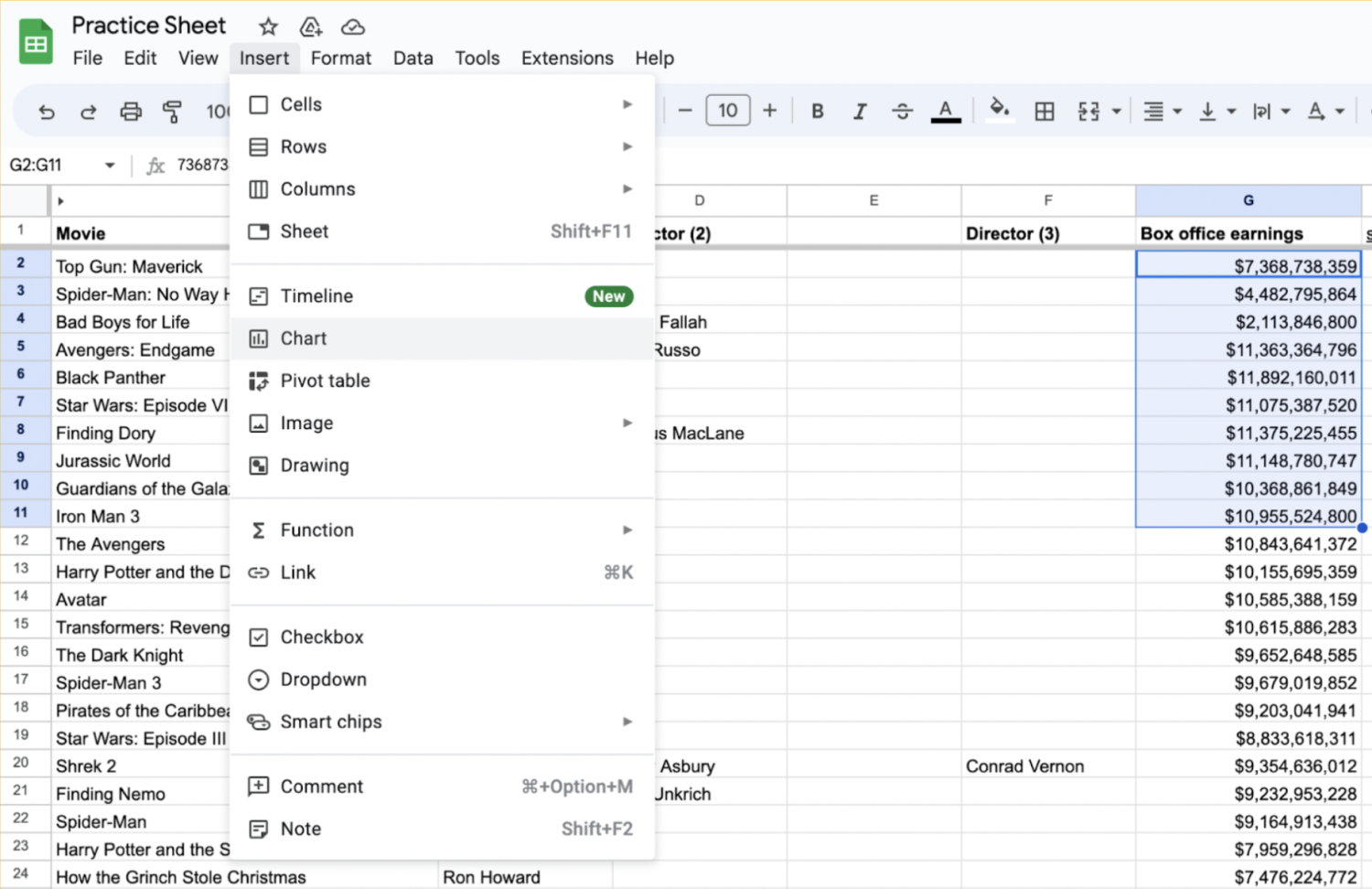 Alt text: Google Sheet displayed with the ‘Insert’ menu shown and ‘Chart’ highlighted

