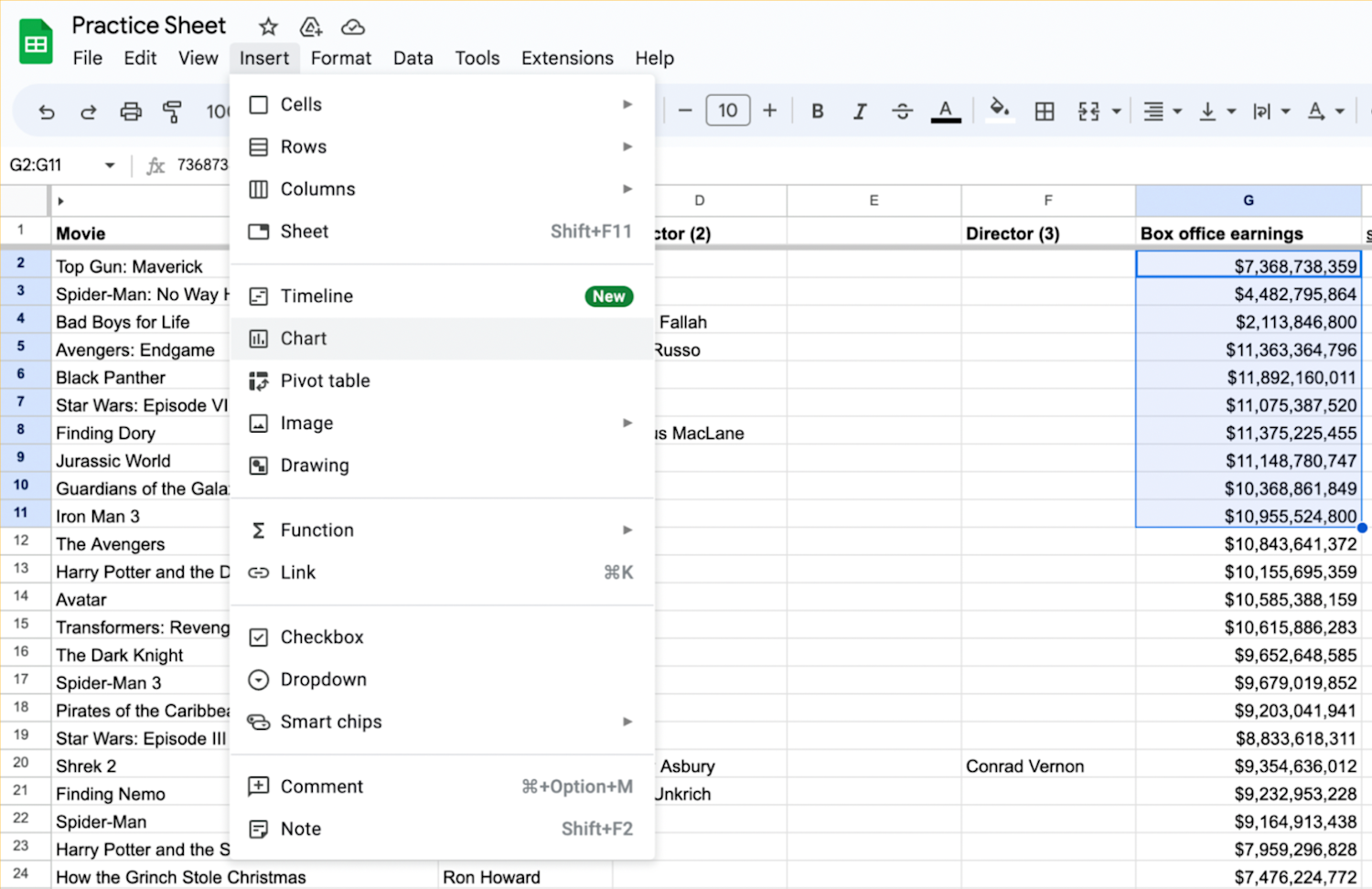 Alt text: Google Sheet displayed with the ‘Insert’ menu shown and ‘Chart’ highlighted

