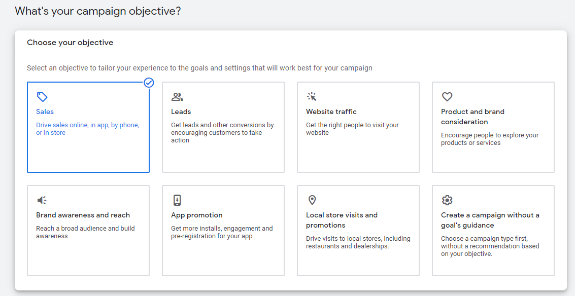 Google Ads campaign objective menu