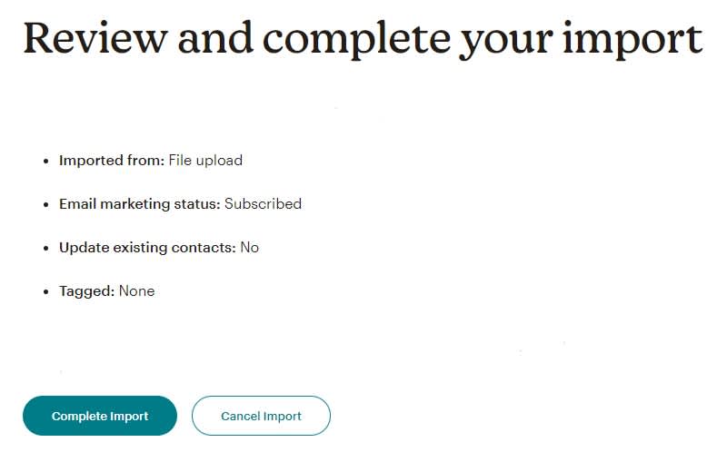 Mailchimp screen to review and complete import